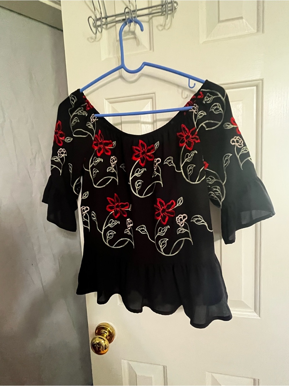 Candie's Black Peplum Blouse with Red & White Floral Embroidery